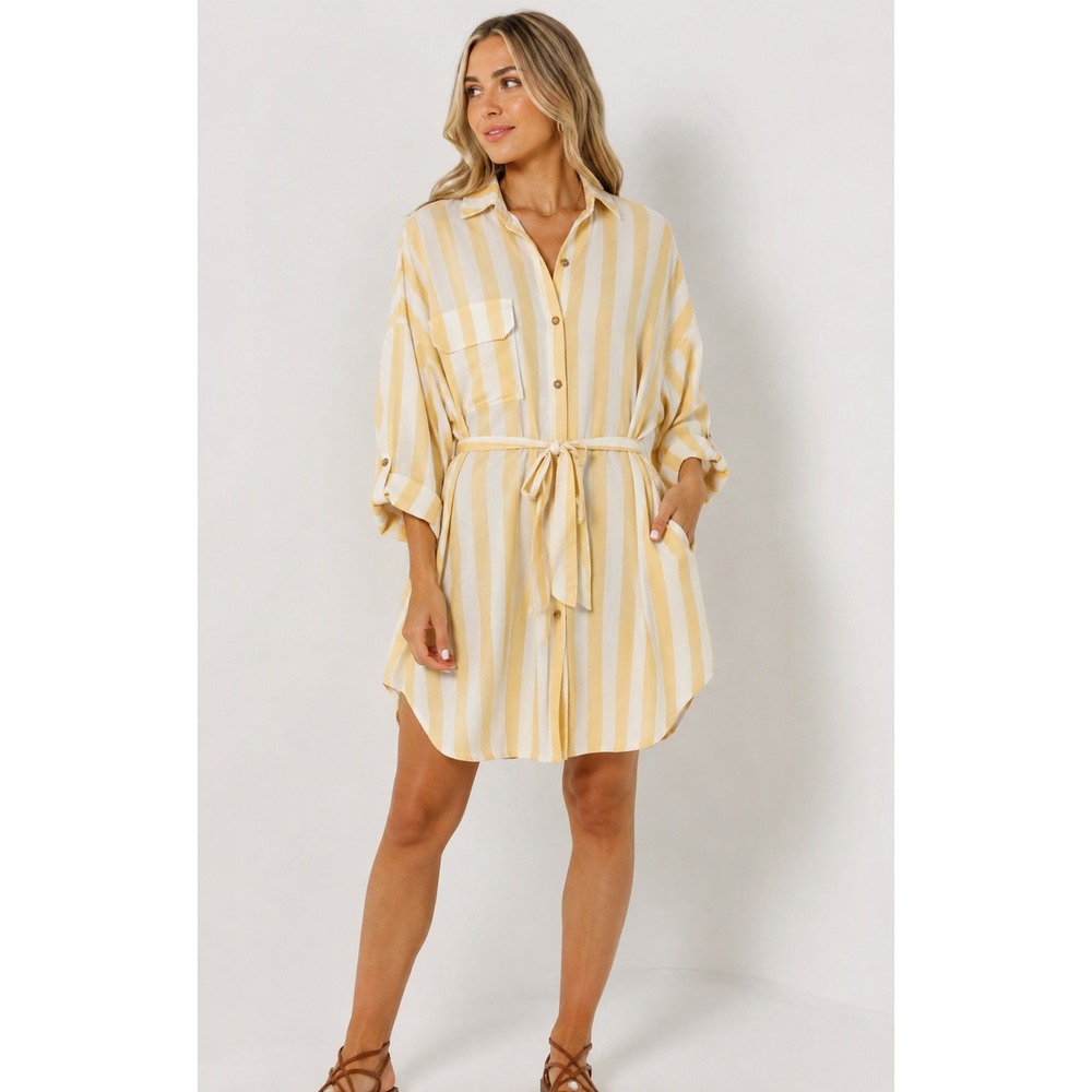 Skylar + Madison Small Shirt Dress Yellow White Striped Tie Waist Sunny Coastal